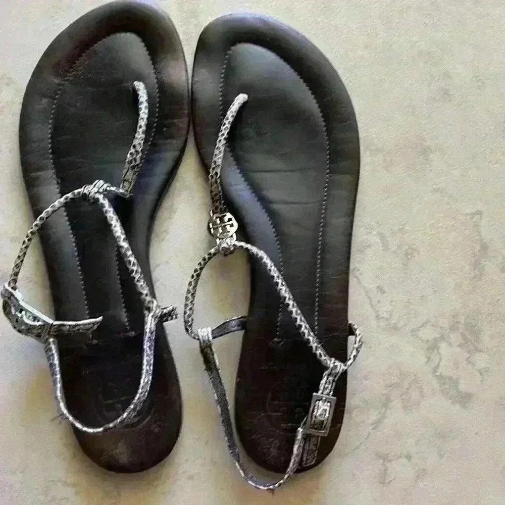 Tory Burch, black animal, print T-strap sandals 8